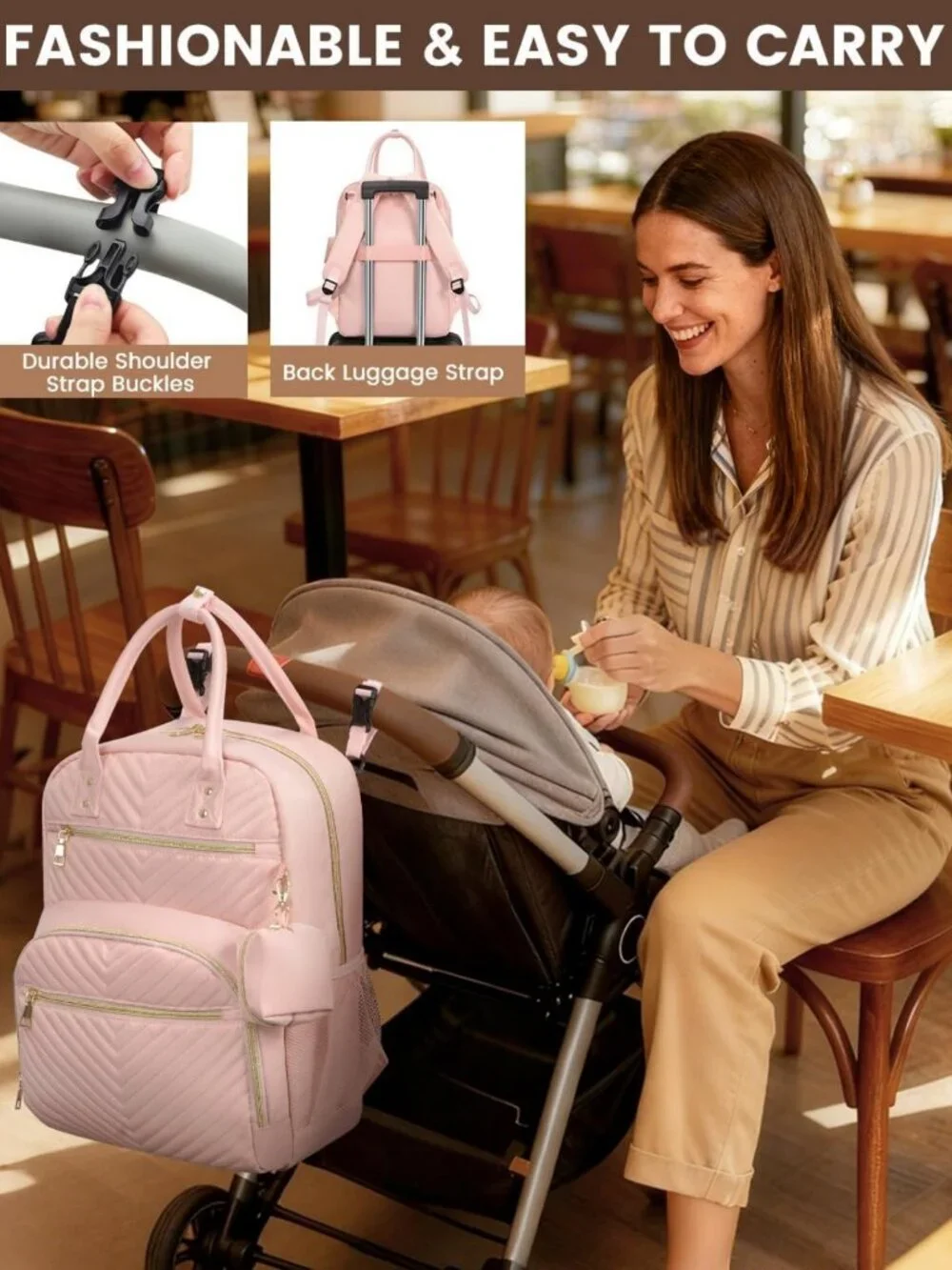 Stylish Baby Diaper Bag Backpack with Insulated Pocket & Pacifier Case - Pink